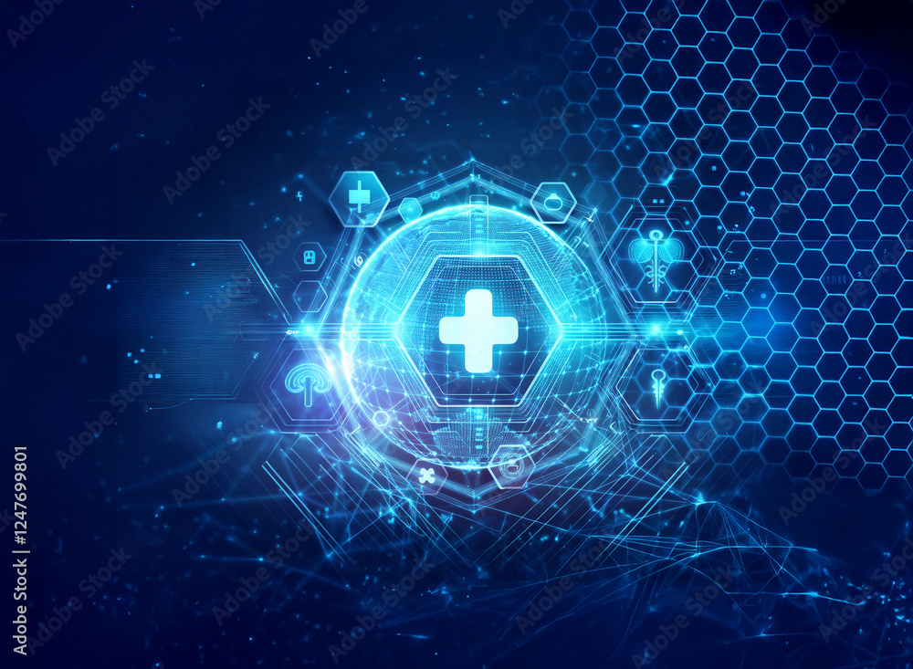 Poster a glowing blue hexagon with a plus sign at the center, surrounded by abstract shapes and a honeycomb