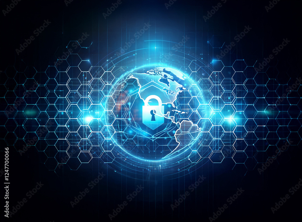 Poster a glowing blue padlock secures a digital globe, symbolizing global data protection. futuristic netwo