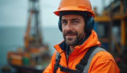 Offshore worker smiles. Oil, gas industry worker in bright orange protective clothing. Safety equipment like hard hat, ear protection visible. Industrial site on ocean. Focus on person wearing