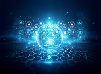 Digital sphere with hexagonal grid and lock icons symbolizes global network security. Futuristic tech backdrop with glowing hexagonal floor.