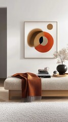 Modern Interior Design Featuring Abstract Art, Cozy Textiles on Bench, Inviting Colorful Shapes, Minimalist Living Space