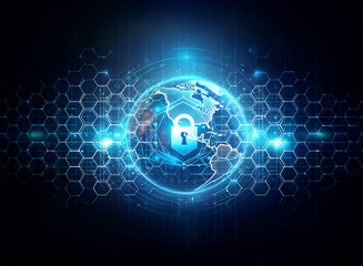 A glowing blue padlock secures a digital globe, symbolizing global data protection. Futuristic network connections are represented by hexagonal patterns in a dark abstract background.