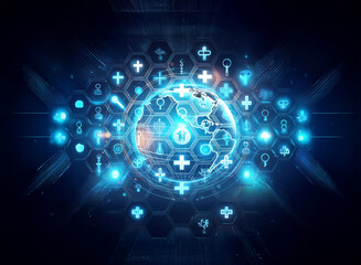 Futuristic digital image of a glowing globe surrounded by hexagonal medical icons, radiating blue light against a dark backdrop, symbolizing global healthcare and technology.