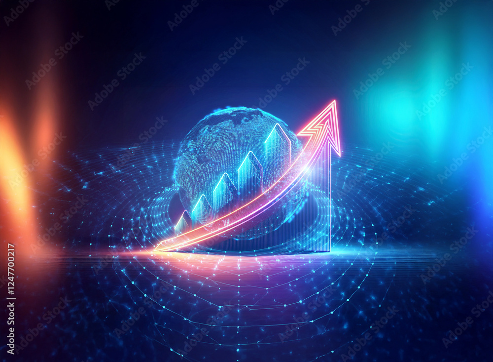 Poster digital globe with an upward arrow symbolizing growth and progress, set against a vibrant backdrop w