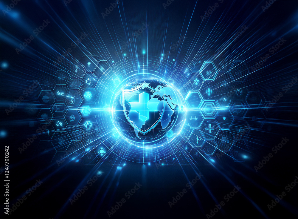 Poster a glowing blue shield with a plus symbol is centered amidst radiating light beams and hexagonal patt
