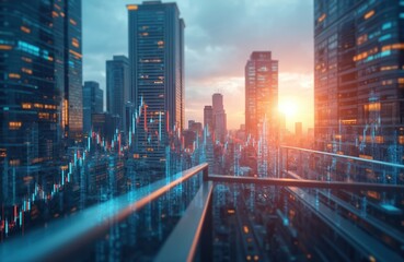 Obraz premium Modern city skyline at sunset. Financial data superimposed on urban structures. Dynamic eco business chart visuals reflect trending investment in urban areas. Futuristic digital tech visualized on