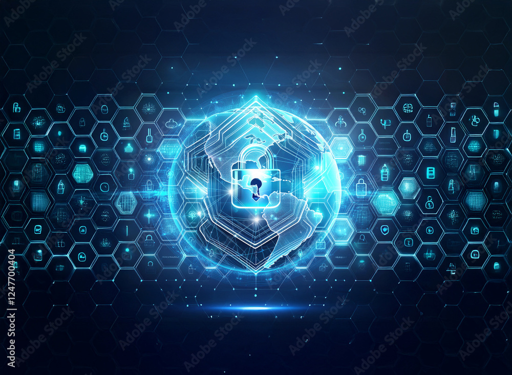 Poster a central glowing lock symbol is encased in a digital sphere against a backdrop of blue hexagonal pa