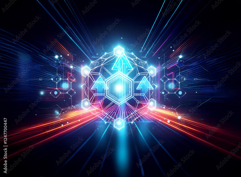 Poster luminous geometric structure with interconnected nodes and vibrant blue and red light rays emanating