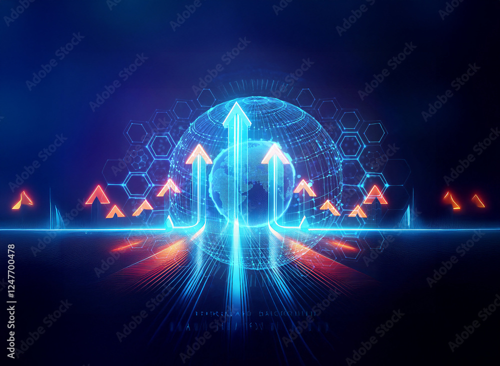 Poster futuristic digital scene with glowing blue arrows ascending from a surface towards a digital globe. 