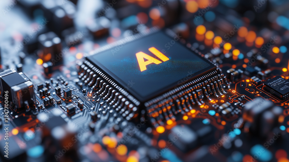 Poster a close-up of an ai chip with the letters 