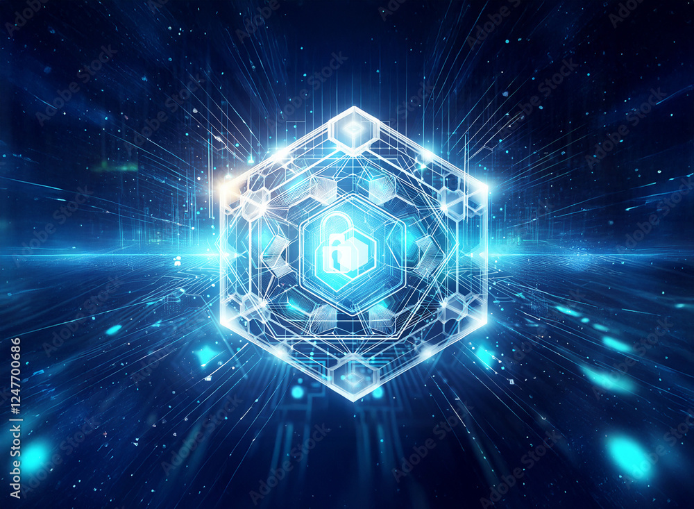Poster futuristic digital scene with bright blue hexagon and lock icon at center. electronic lines and part