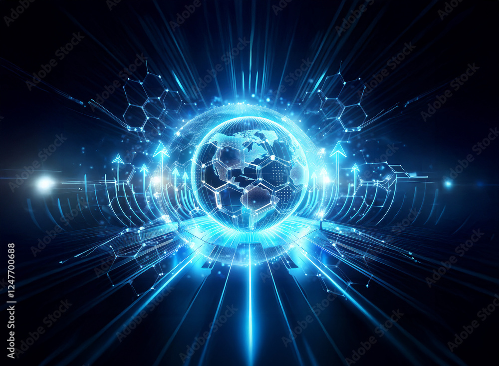 Poster a radiant blue globe with glowing beams emanates light, surrounded by hexagonal patterns and upward 