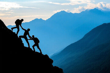 Silhouette of three people helping each other climbing the mountain against a cloudy sky