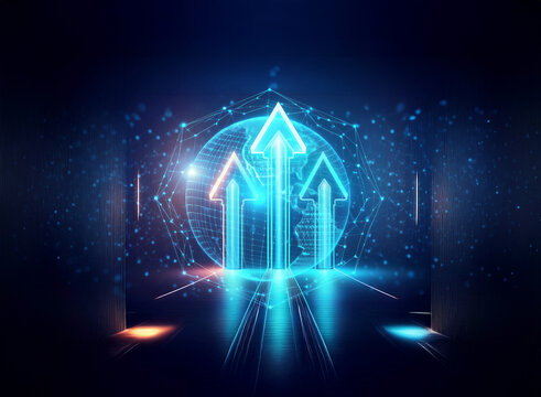 A digital scene with upward arrows and a glowing globe, highlighted by blue and orange lights and network patterns, symbolizing technology and progress.