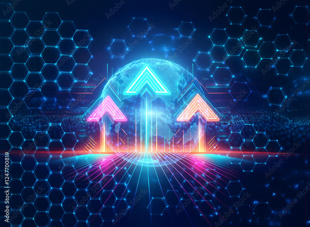 Poster digital globe with glowing upward arrows on a hexagon grid. blue and orange lights create a futurist