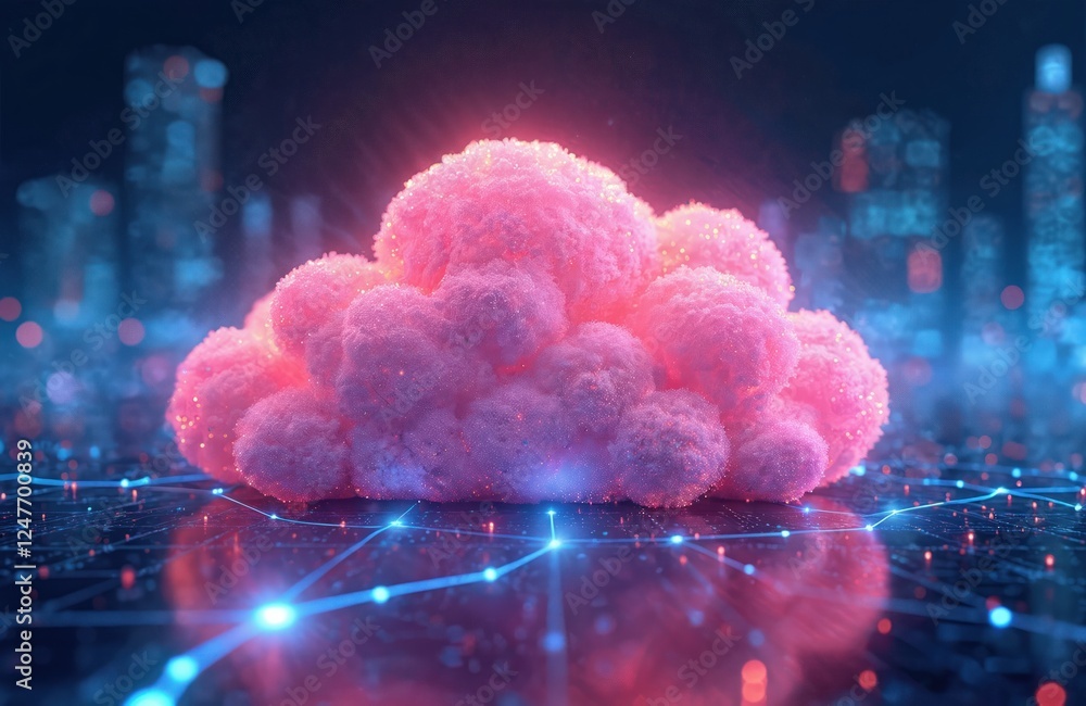 Poster pink cloud represents cloud computing. digital connection lines connect cloud to city skyline. moder
