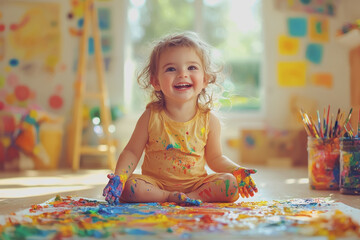 Little girl sitting on the floor holding a paintbrush engaging in creative art activities and enjoying painting with colorful paints on a white canvas