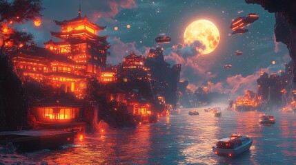 Obraz premium Sci-fi Bali at night with neon Uluwatu temple, glowing waves, and floating vehicles. A cyberpunk-inspired paradise under a bright full moon