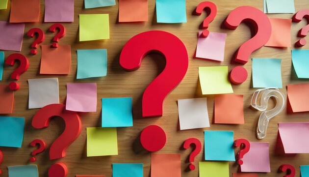 Multicolored memo notes, red question marks on wooden background. Ideas, questions scattered. Possible education brainstorming concept. Visual representation of seeking solutions, learning. Digital