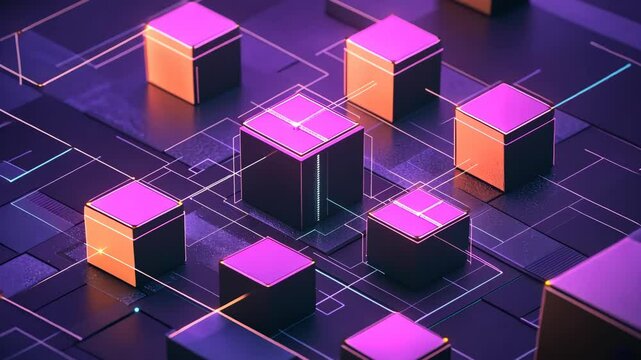 Series of purple cubes with a bright light shining on them. The cubes are arranged in a grid pattern, with some of them overlapping. Scene is one of technology and innovation, with the bright lights