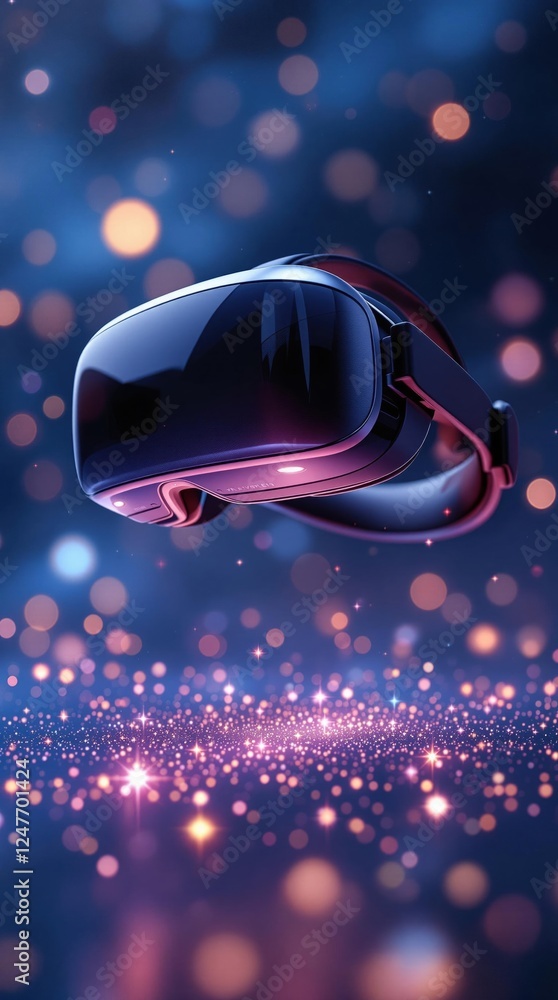 Poster futuristic virtual reality headset with neon lights and bokeh effect