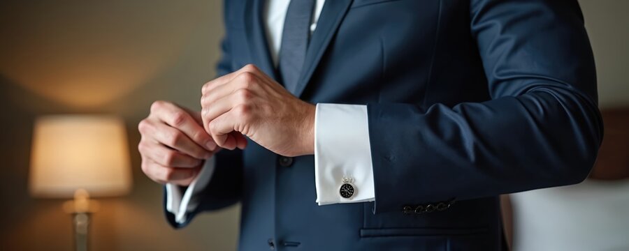 Groom putting on cufflinks in stylish room. Man wears formal tuxedo. Closeup view of elegant details. Preparation for wedding celebration. Modern stylish interior. Focus on fashion, luxury. Special