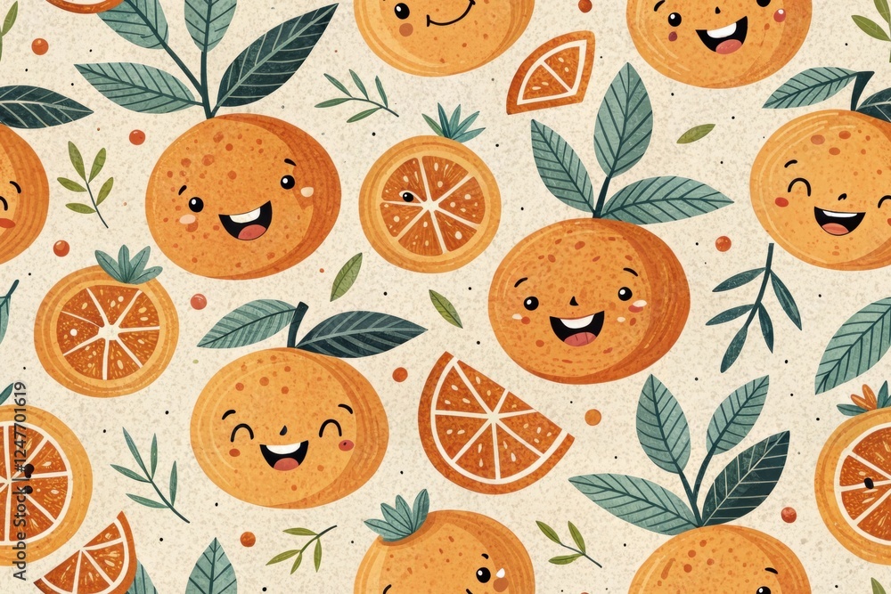 Poster playful cartoon oranges with smiling faces on seamless pattern background