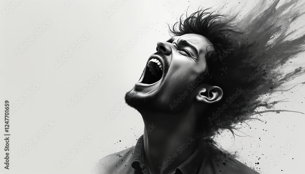 Poster man in profile view with open mouth in dramatic expression. black and white brushstrokes create dyna