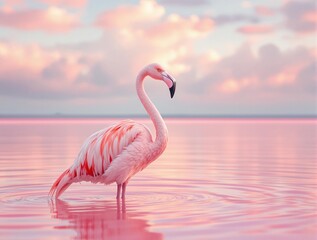 Fototapeta premium Graceful flamingo posing in tranquil pink lake at sunset with soft pastel clouds
