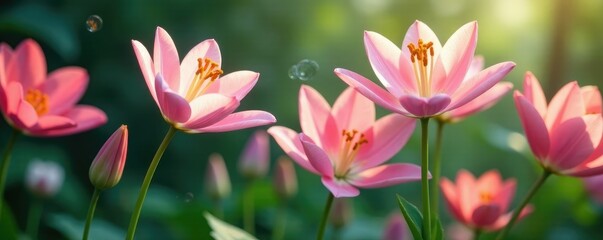 Fototapeta premium Delicate lilys float in air as flower bubbles burst with colorful blossoms, tulips, colorful blooms, floral