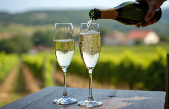 Champagne pouring into flutes outdoors. Romantic tasting of brut, demi-sec white sparkling wine. Beautiful French vineyards as background. Elegant event. Special glasses used for tasting. Location in