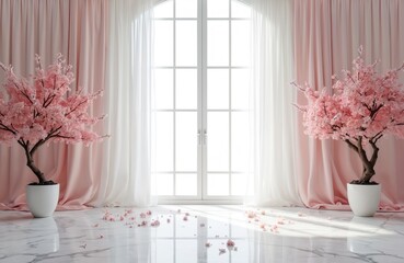 Pink floral, white drapery backdrop for photography. Romantic setting with cherry blossom trees. Marble floor. Luxurious interior. Ideal for wedding ceremonies, photo shoots. Elegant, modern style.