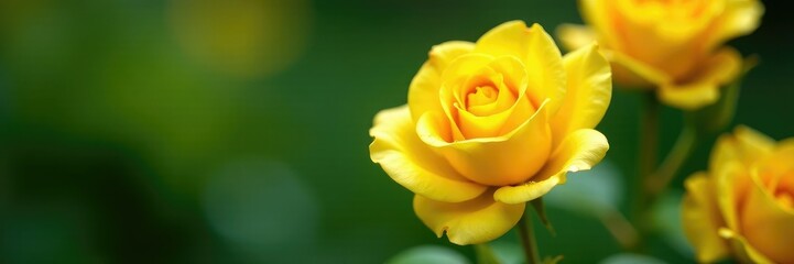 Delicate petals of fresh yellow roses glisten with water droplets, greenery, yellow, roses