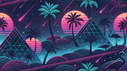 Retro futuristic landscape with palm trees, neon sunsets, and geometric shapes