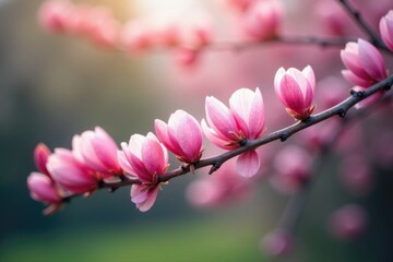 Obraz premium Delicate pink petals unfold along the tree's branches, landscape, blooming flowers