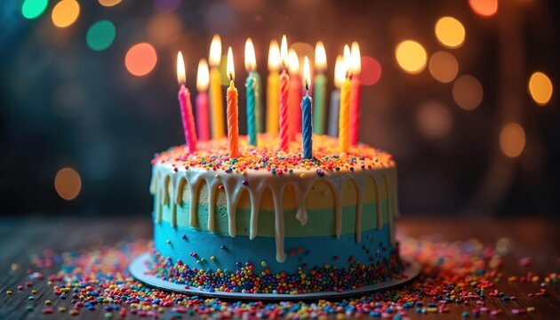 Birthday cake with colorful candles and sprinkles. Layered cake with colorful frosting and drizzled white icing. Celebration atmosphere. Confetti and lights in background. A festive birthday scene.
