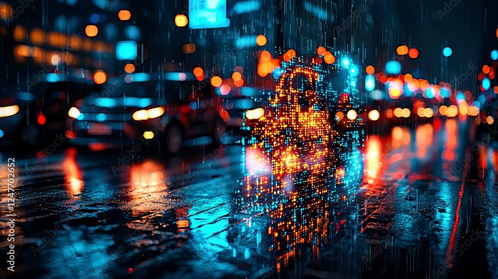 Poster cybersecurity in the city: digital lock in a rainy night. abstract digital art of network security a