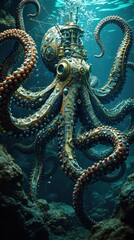 Obraz premium Steampunk octopus: mechanical marvel in underwater exploration setting