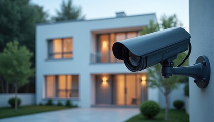 Modern security camera outside modern house. CCTV system protects house exterior. Home security tech. Advanced security measures. Protection from burglars. Digital surveillance. Urban residential