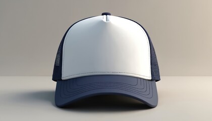 3D rendering of plain navy blue, white trucker baseball cap. White top with navy blue adjustable strap, mesh. Product presentation for apparel branding fashion design template. Isolated, ready for