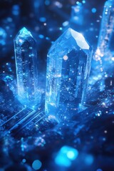 Crystalline ice-blue light formations emerging from a digital grid. Futuristic AI concept

