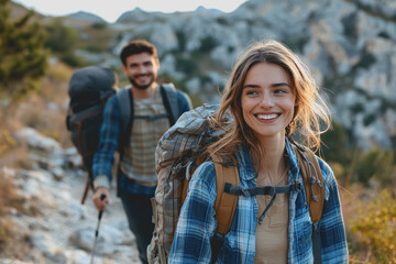 Fototapeta premium A man and woman hiking together on a scenic trail surrounded by mountains and trees in a bright blue sky during a sunny day