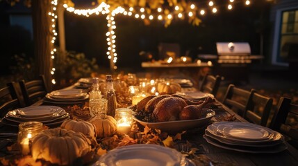Autumn Thanksgiving Feast: A Beautifully Set Table Under Twinkling Lights