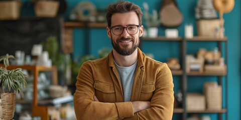Fototapeta premium Entrepreneurial spirit a confident man in a cozy store retail environment inspirational vibes close-up perspective business growth concept