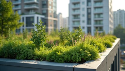 Urban building with green roof garden. Plants thrive on top of structure. Eco-friendly design for sustainable cities. Urban landscape concept. Eco-friendly building features. Greenery promotes
