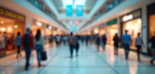 Busy shopping mall interior. People walk through stores. Blurred motion creates vibrant city vibe. Modern retail space. Lively crowd moves quickly. Lots of people shopping. Urban lifestyle scene.