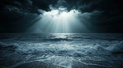 Dramatic ocean sunset, dark clouds, sun rays, beach, nature background