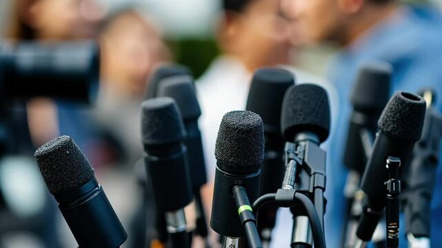 Journalists gather around multiple microphones at a press event in a bustling outdoor location during daylight