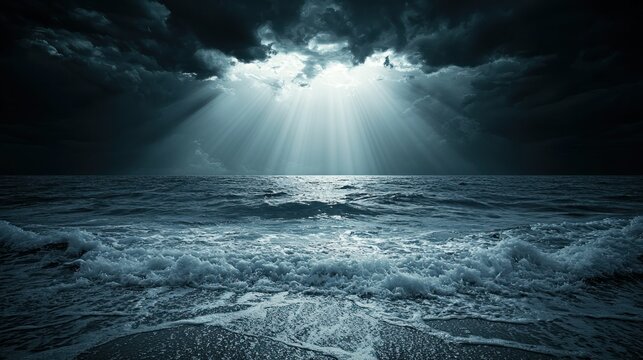 Dramatic ocean sunset, dark clouds, sun rays, beach, nature background - Powered by Adobe