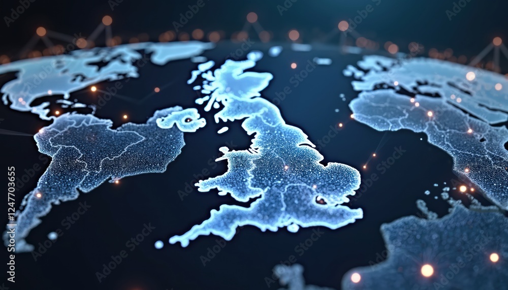 Poster global network map uk connections. advanced tech design shows uk location with illuminated dots repr